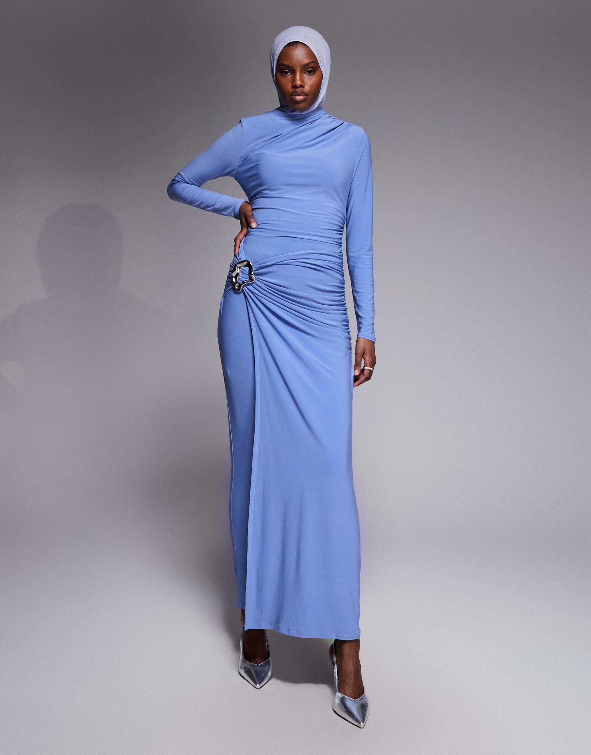 asos design long sleeve maxi dress with trim detail in slate blue