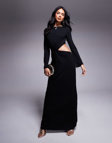 ASOS DESIGN long sleeve maxi dress with twist drape cut out waist in black - view 1