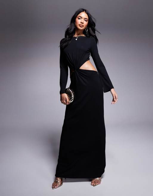 ASOS DESIGN long sleeve maxi dress with twist drape cut out waist in black