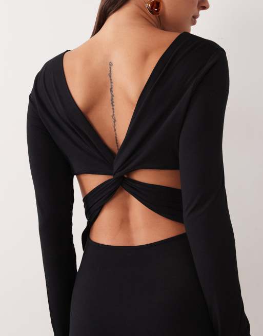 ASOS DESIGN long sleeve maxi dress with twist open back detail in black, 3 of 4