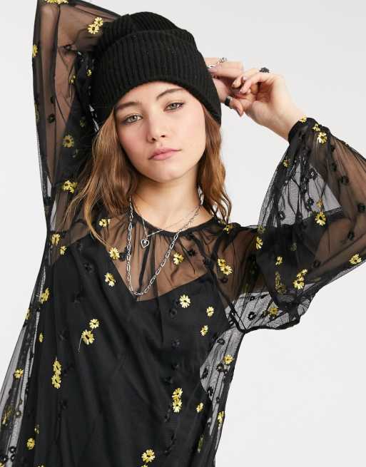 ASOS DESIGN long sleeve maxi mesh dress in black with yellow floral  embroidery