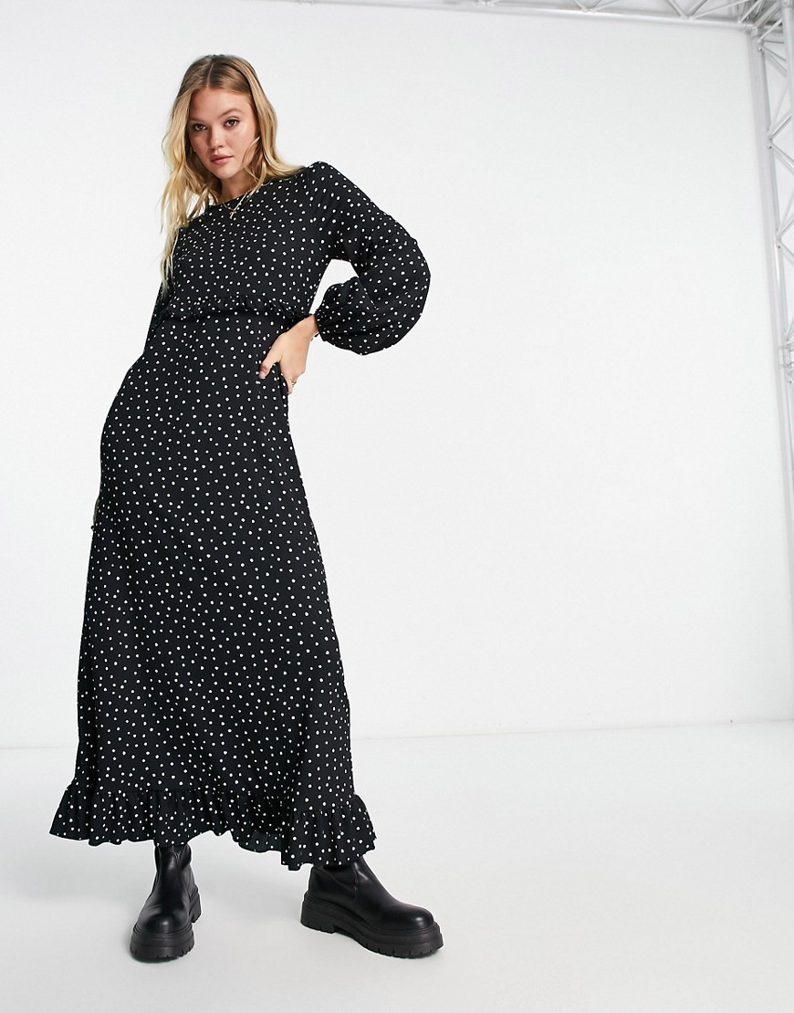ASOS DESIGN long sleeve maxi smock dress with frills in mono spot-Multi