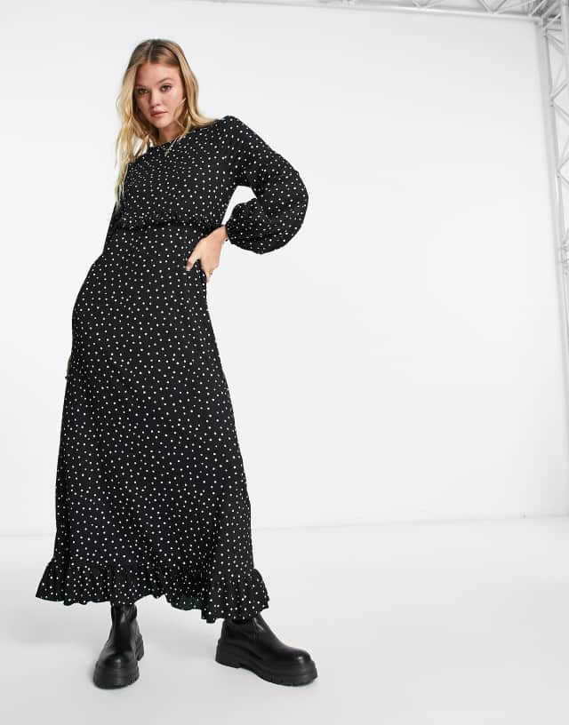 ASOS DESIGN long sleeve maxi smock dress with frills in mono spot