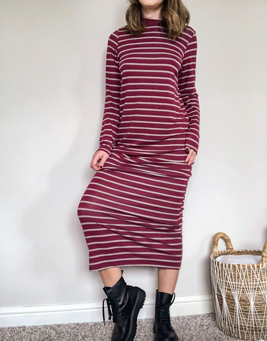 ASOS DESIGN long sleeve maxi t-shirt dress in berry and camel stripe-Neutral