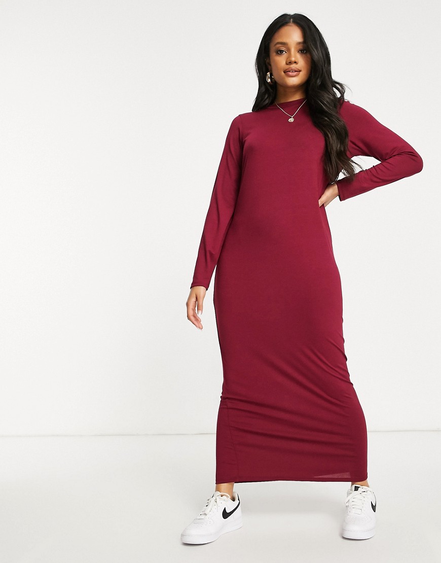 ASOS DESIGN long sleeve maxi t-shirt dress in berry-Purple