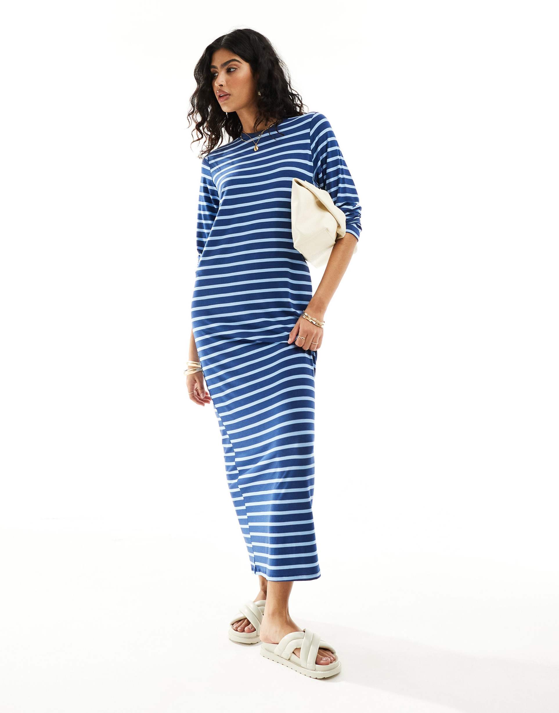 asos design long sleeve maxi t-shirt dress in blue stripe