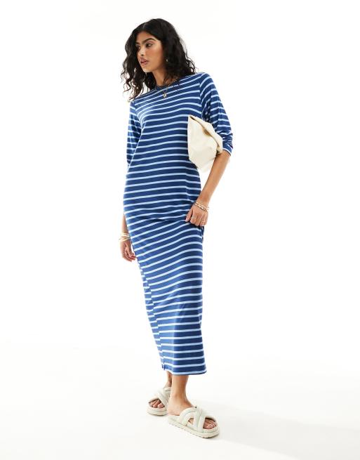 Asos Design Long Sleeve Maxi T Shirt Dress In Blue Stripe Asos 