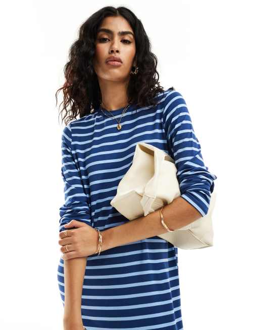 ASOS DESIGN long sleeve maxi t-shirt dress in blue stripe