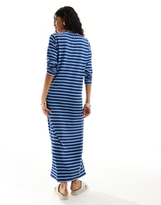 ASOS DESIGN long sleeve maxi t-shirt dress in blue stripe | ASOS