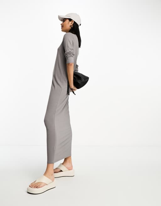 Asos Design Long Sleeve Maxi T Shirt Dress In Charcoal Asos