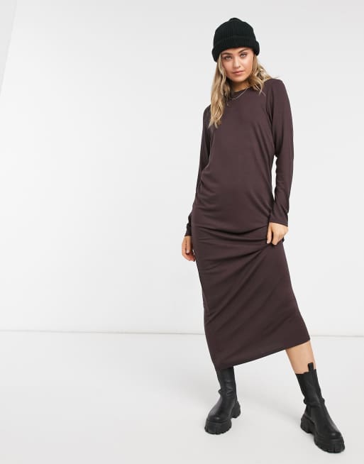 ASOS DESIGN long sleeve maxi t shirt dress in chocolate brown