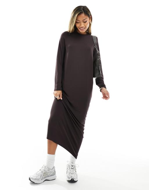 Asos Design Long Sleeve Maxi T Shirt Dress In Chocolate Asos