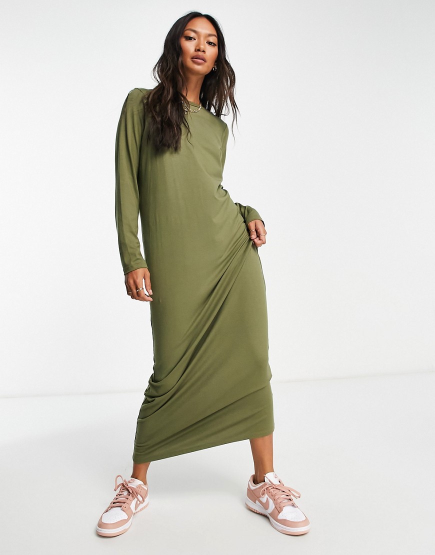 ASOS DESIGN long sleeve maxi t-shirt dress in khaki-Green
