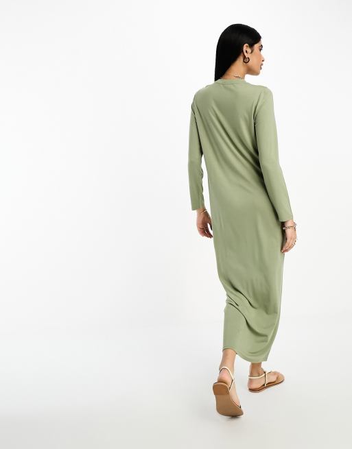 ASOS DESIGN long sleeve maxi t-shirt dress in khaki | ASOS