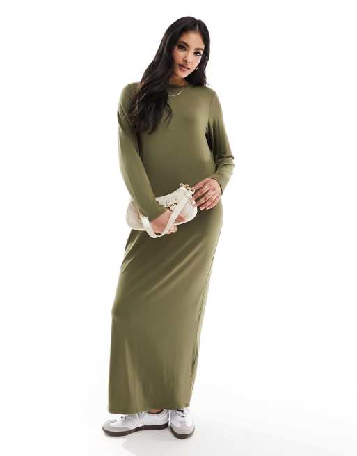 Asos Design Long Sleeve Maxi T Shirt Dress In Khaki Asos 