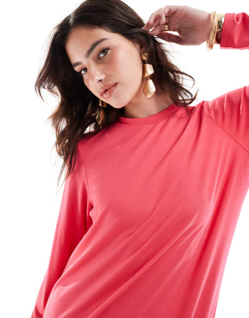 ASOS Design Long Sleeve Maxi T Shirt Dress in Pink