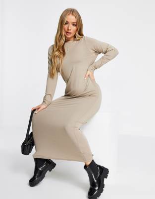 Asos Design Long Sleeve Maxi T shirt Dress In Taupe neutral ModeSens