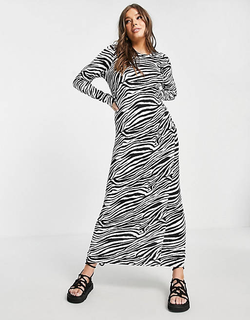 ASOS DESIGN long sleeve maxi t-shirt dress in zebra print