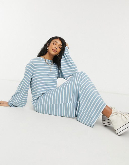 ASOS DESIGN long sleeve maxi t-shirt dress with volume sleeve in dusty blue and white stripe