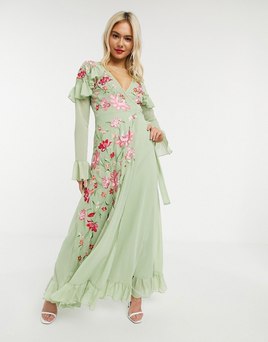 Asos Design Embroidered Wrap Maxi Dress With Pephem And Fluted Sleeve In Sage Green