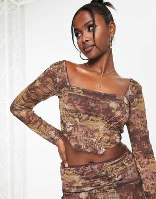 ASOS DESIGN long sleeve mesh corset in vintage print (part of a set)