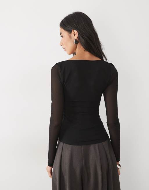 ASOS DESIGN long sleeve mesh corset top with boning in black , 3 of 4