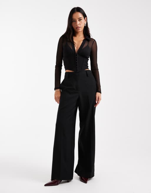 ASOS DESIGN long sleeve mesh corset top with hook and eye closures in black