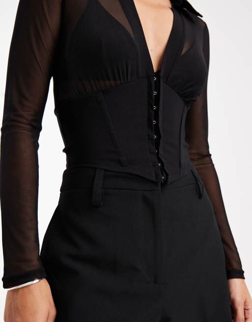 ASOS DESIGN long sleeve mesh corset top with hook and eye closures in black