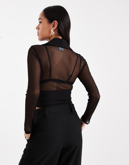 ASOS DESIGN long sleeve mesh corset top with hook and eye closures in black
