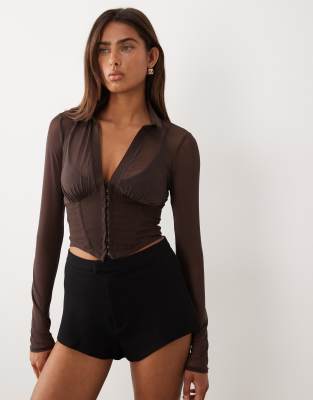 Asos Design Long Sleeve Mesh Corset Top With Hook And Eye Detailing In Brown