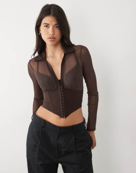 ASOS DESIGN long sleeve mesh corset top with hook and eye detailing in chocolate - view 1