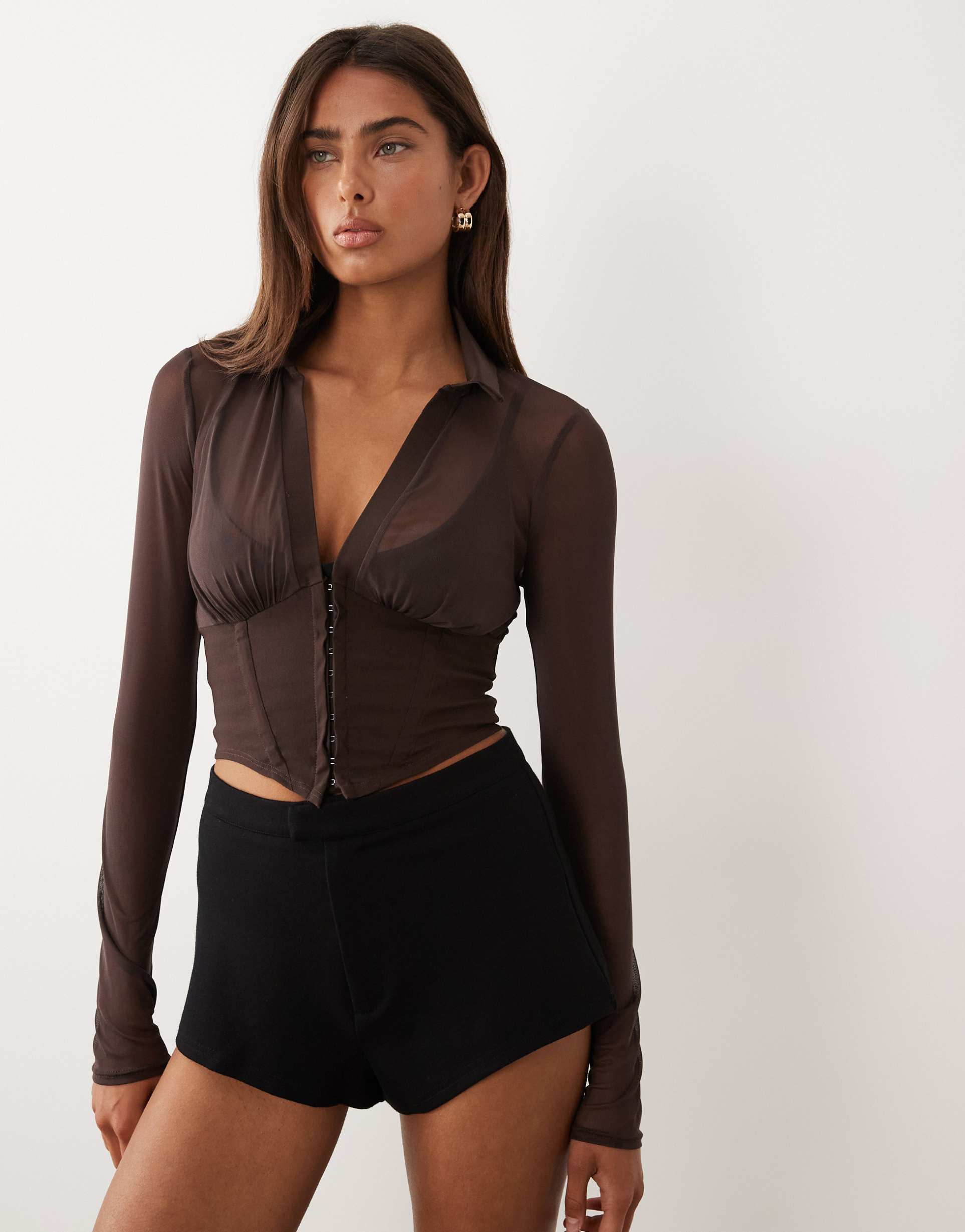 asos design long sleeve mesh corset top with hook and eye detailing in chocolate
