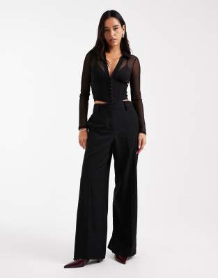 Asos Design Long Sleeve Mesh Corset Top With Hook And Eye In Black