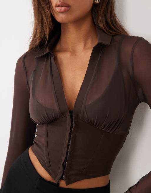 ASOS DESIGN long sleeve mesh corset top with hook and eye in chocolate, 4 of 4