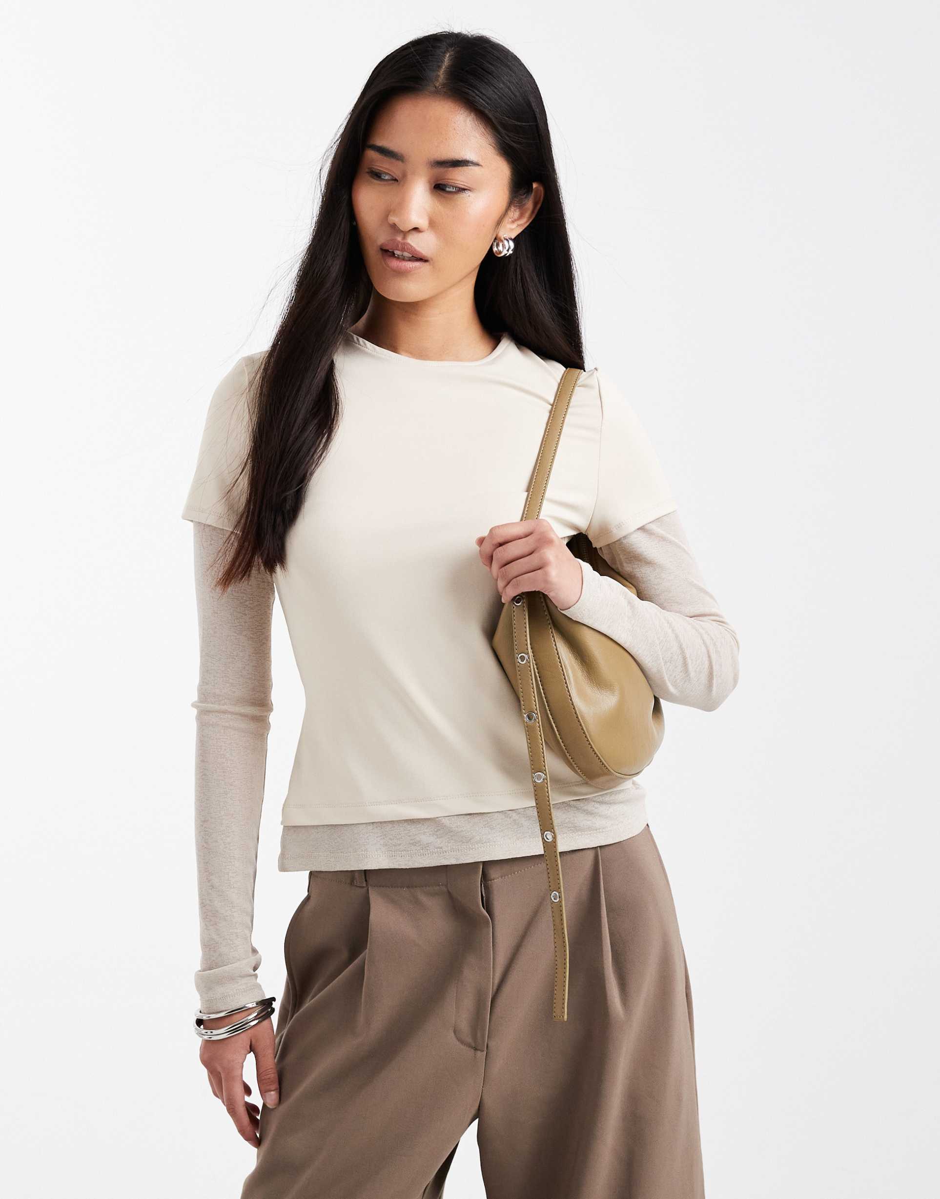 asos design long sleeve mesh double layer top in buttermilk