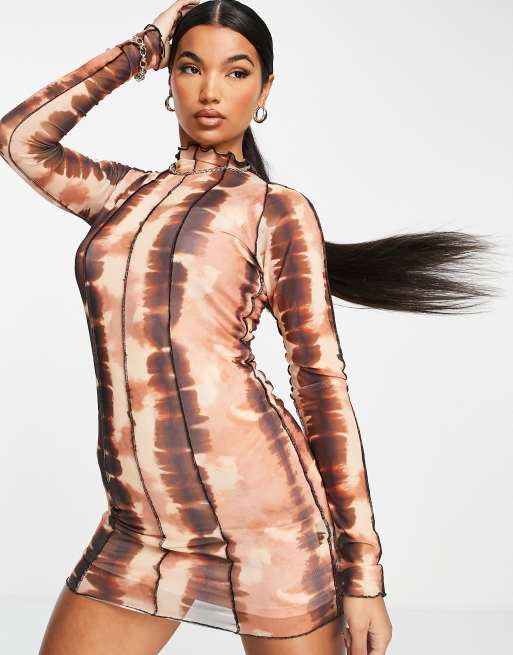 ASOS DESIGN long sleeve mesh dress with exposed seams in brown tie dye