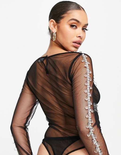 ASOS DESIGN long sleeve mesh embellished bodysuit in black | ASOS