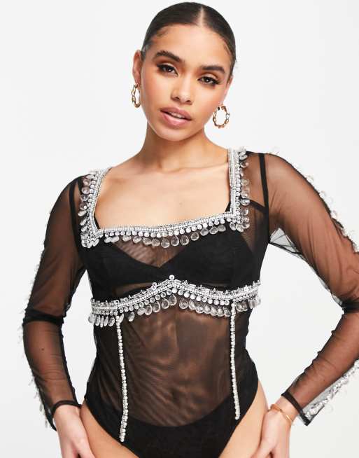 ASOS DESIGN premium volume sleeve embroidered bodysuit in black