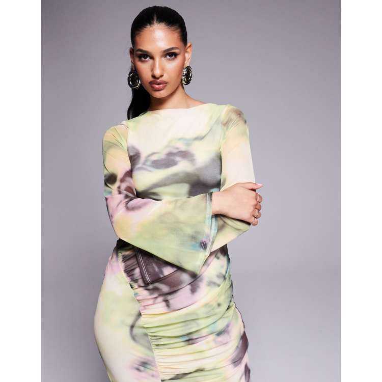 ASOS DESIGN long sleeve mesh maxi dress with double tie back in yellow and  green floral print | ASOS