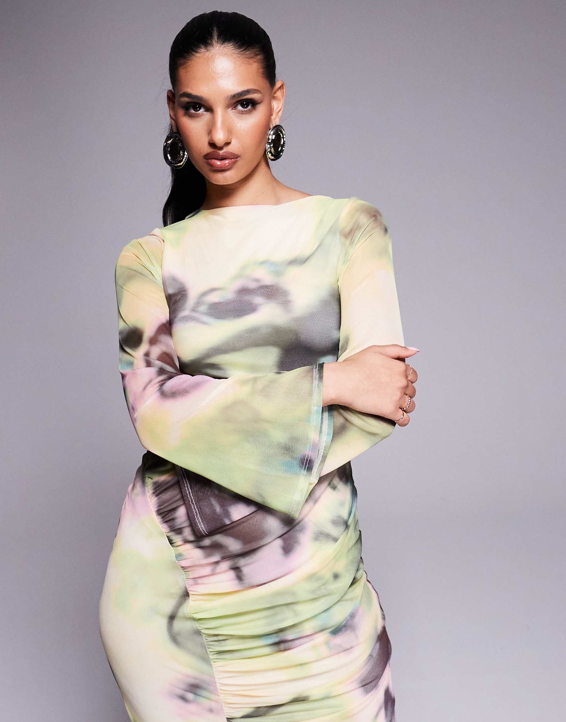 asos design long sleeve mesh maxi dress with double tie back in yellow and green floral print