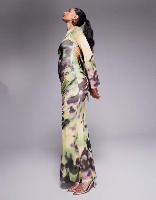 ASOS Design long sleeve mesh maxi dress with double tie back in yellow and green floral print-Multi