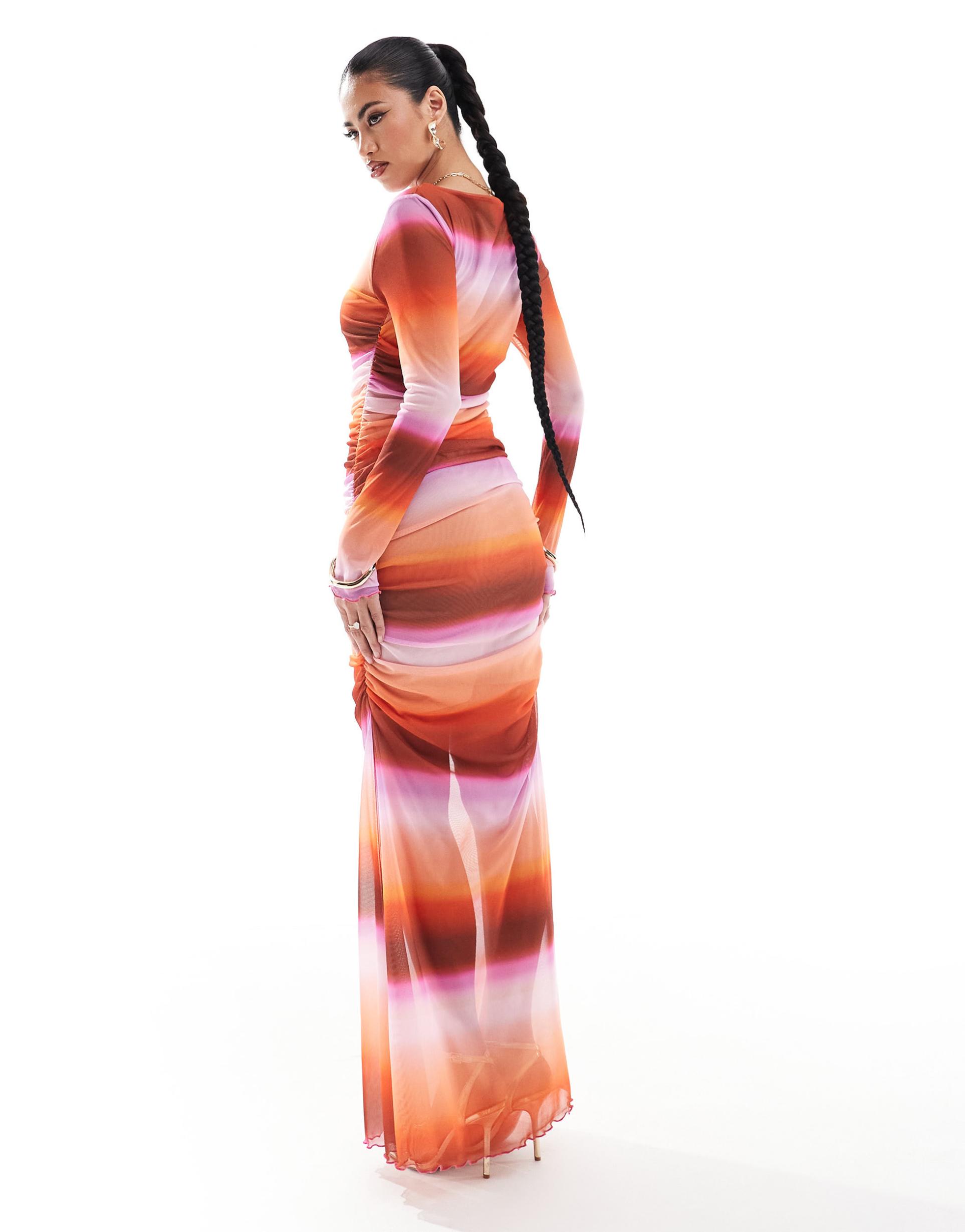 asos design long sleeve mesh midi dress in orange sunset print