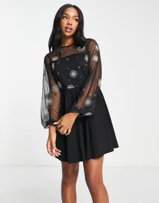 Asos Design Long Sleeve Mesh Mini Dress With Ladder Trim And Celestial  Embroidery In Black | ModeSens