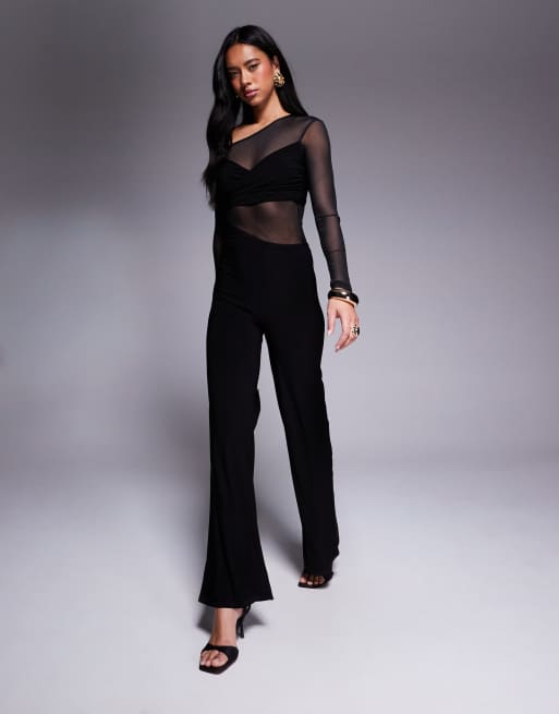ASOS DESIGN long sleeve mesh mix jumpsuit with twist bust in