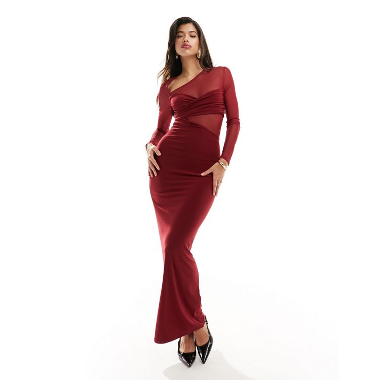 Burgundy dress occasional long pencil with push-up cups with  straps,S-053705-1