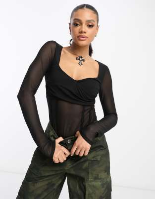 ASOS DESIGN off shoulder corset mesh detail bodysuit in black