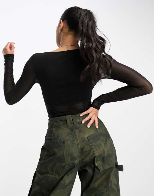 ASOS DESIGN long sleeve mesh panel wrap bodysuit in black, 2 of 4
