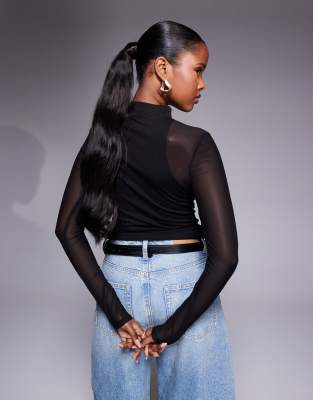 Asos Design Long Sleeve Mesh Racer Style Top In Black