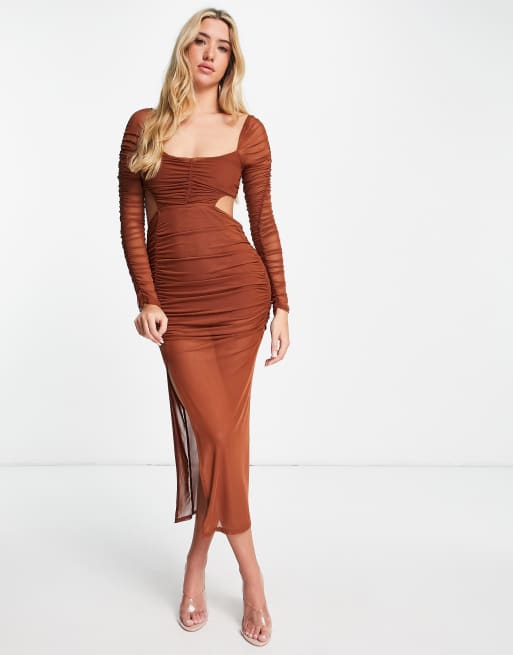 Long Sleeve Mesh Ruched Dress