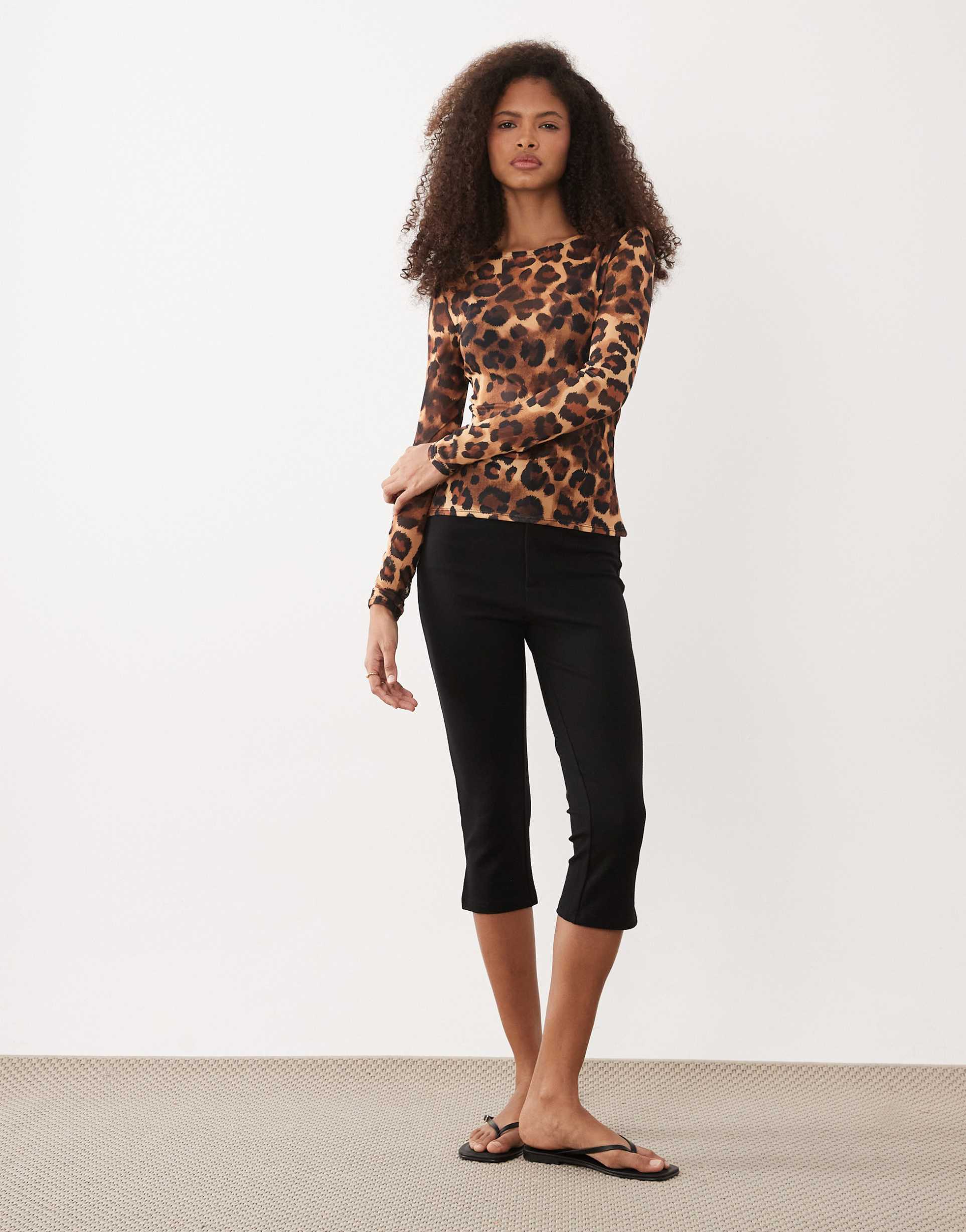 asos design long sleeve mesh top in leopard print